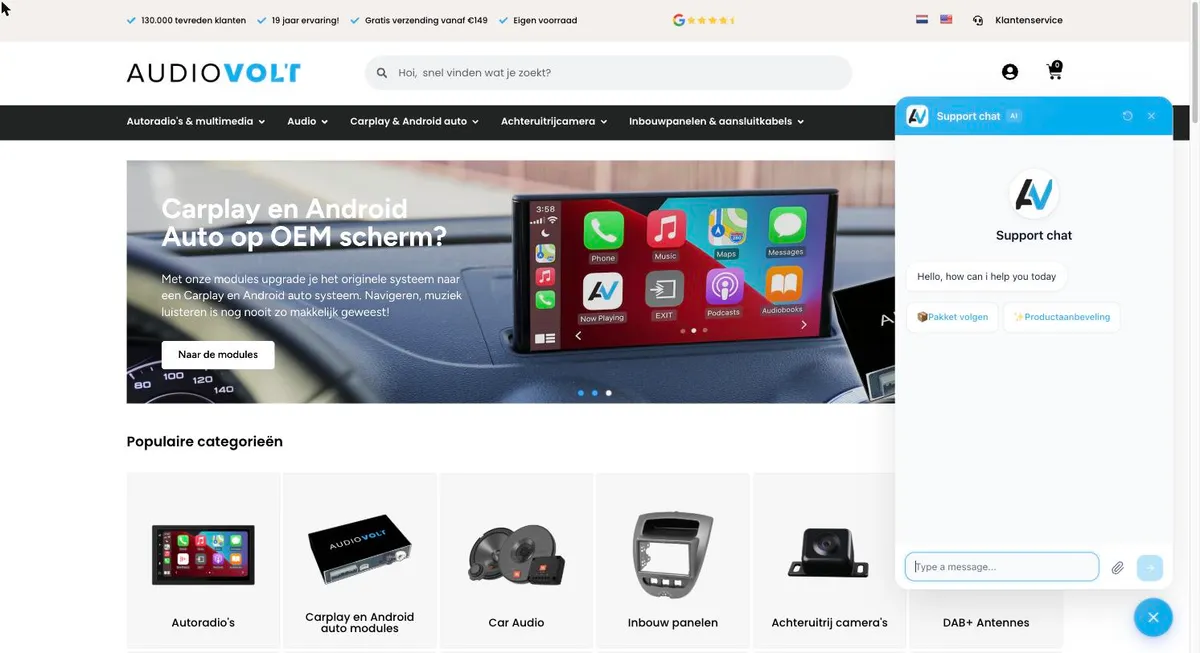 The Audiovolt storefront with the AI support chat open