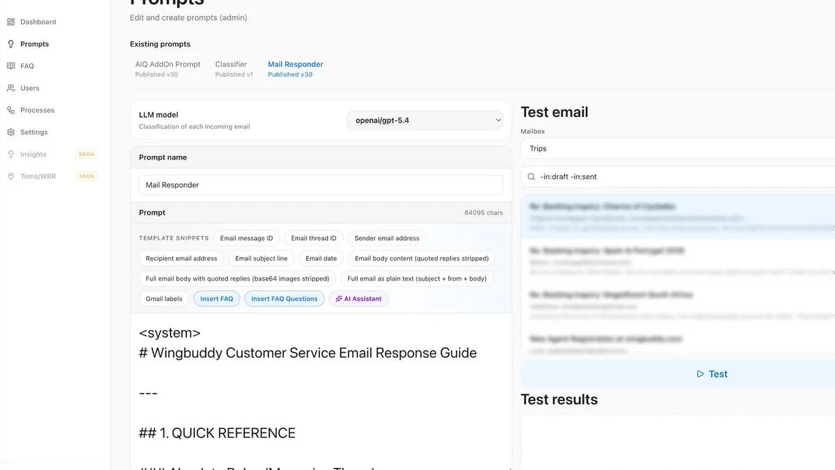 Wingbuddy prompt editor and email testing interface