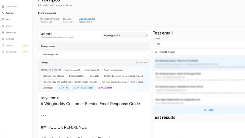 Wingbuddy prompt editor and email testing interface